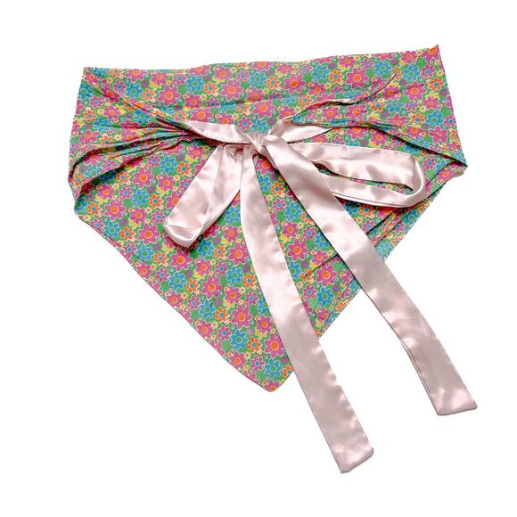 Vintage 70s Floral Bandana Top Multicolor Tie Back Crop Handmade Hippie Retro - Picture 2 of 8